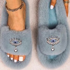 customized evil eye slippers faux fur slipper in Blue